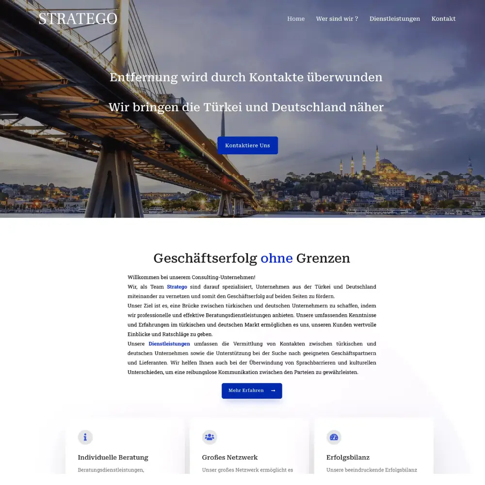Screenshot der Stratego-Website für internationale Beratung mit Fokus auf Vertrauen, Klarheit und Expansion von Quint Media