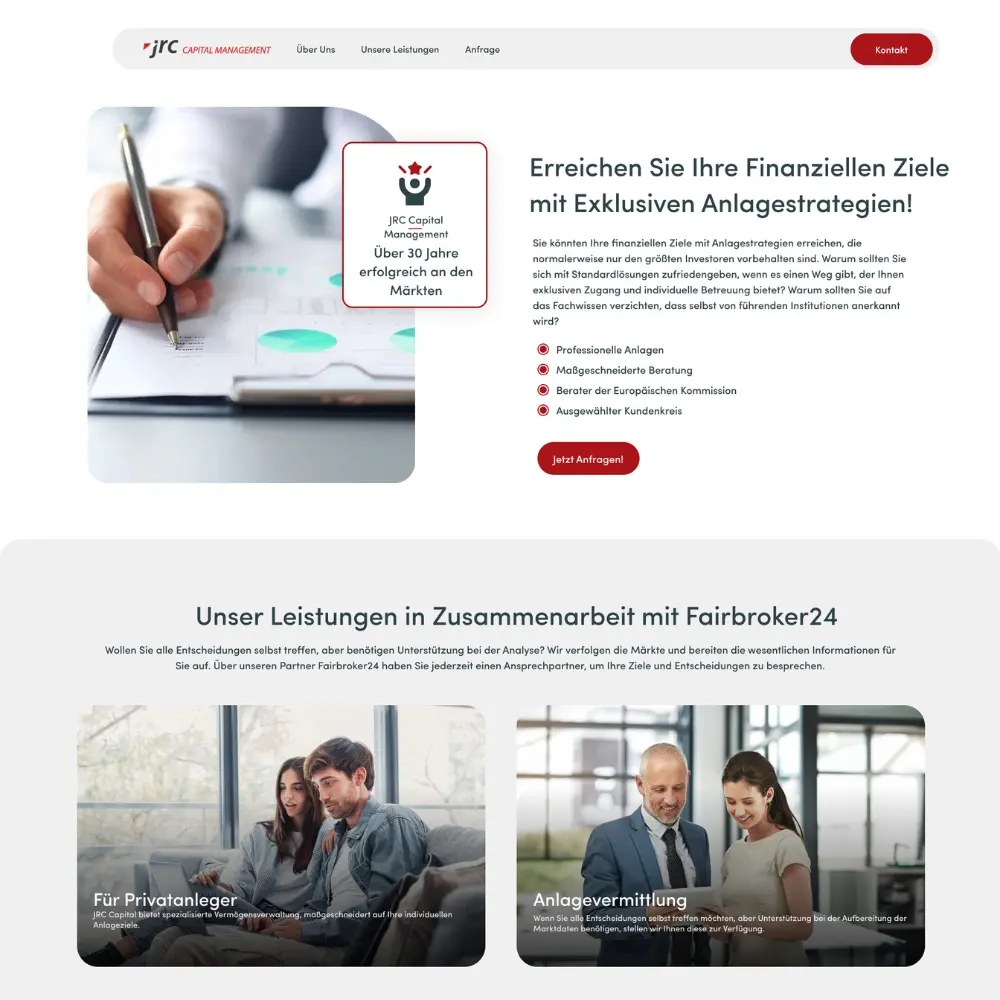 Screenshot der JRC Capital-Finanzdienstleistungs-Website für Anlagestrategien und Kundenakquise von Quint Media