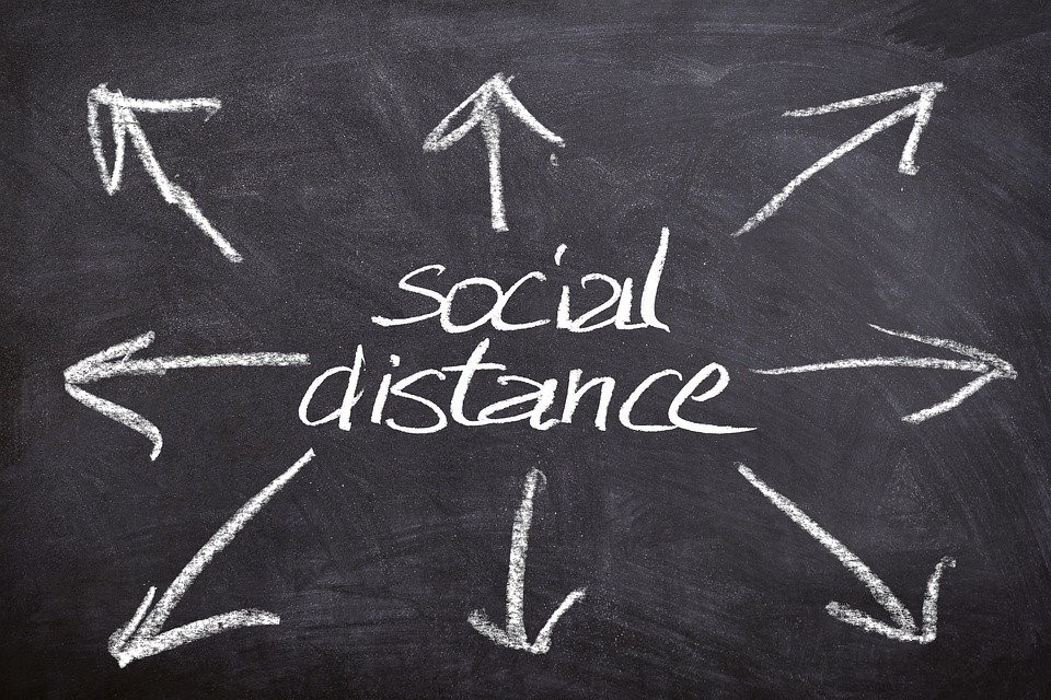 Aufschrift auf Tafel: Social distance
